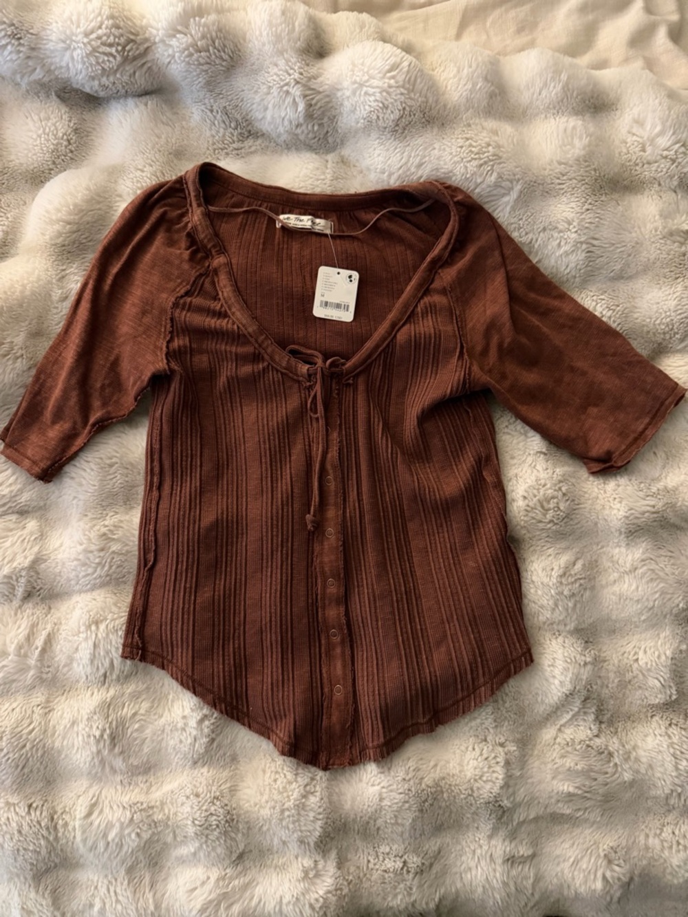 Free people NWT button Rust Brown Women's Ribbed Button-Front Tie Top